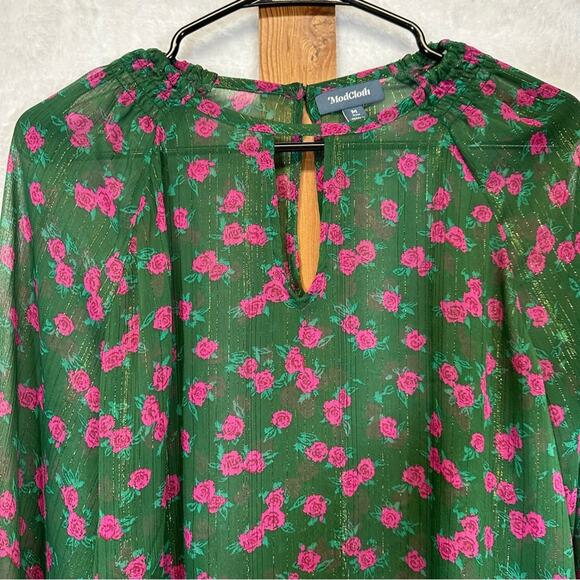 ModCloth Green & Pink Floral‎ Metallic Sheer Long Sleeve Blouse Size M - Picture 2 of 8